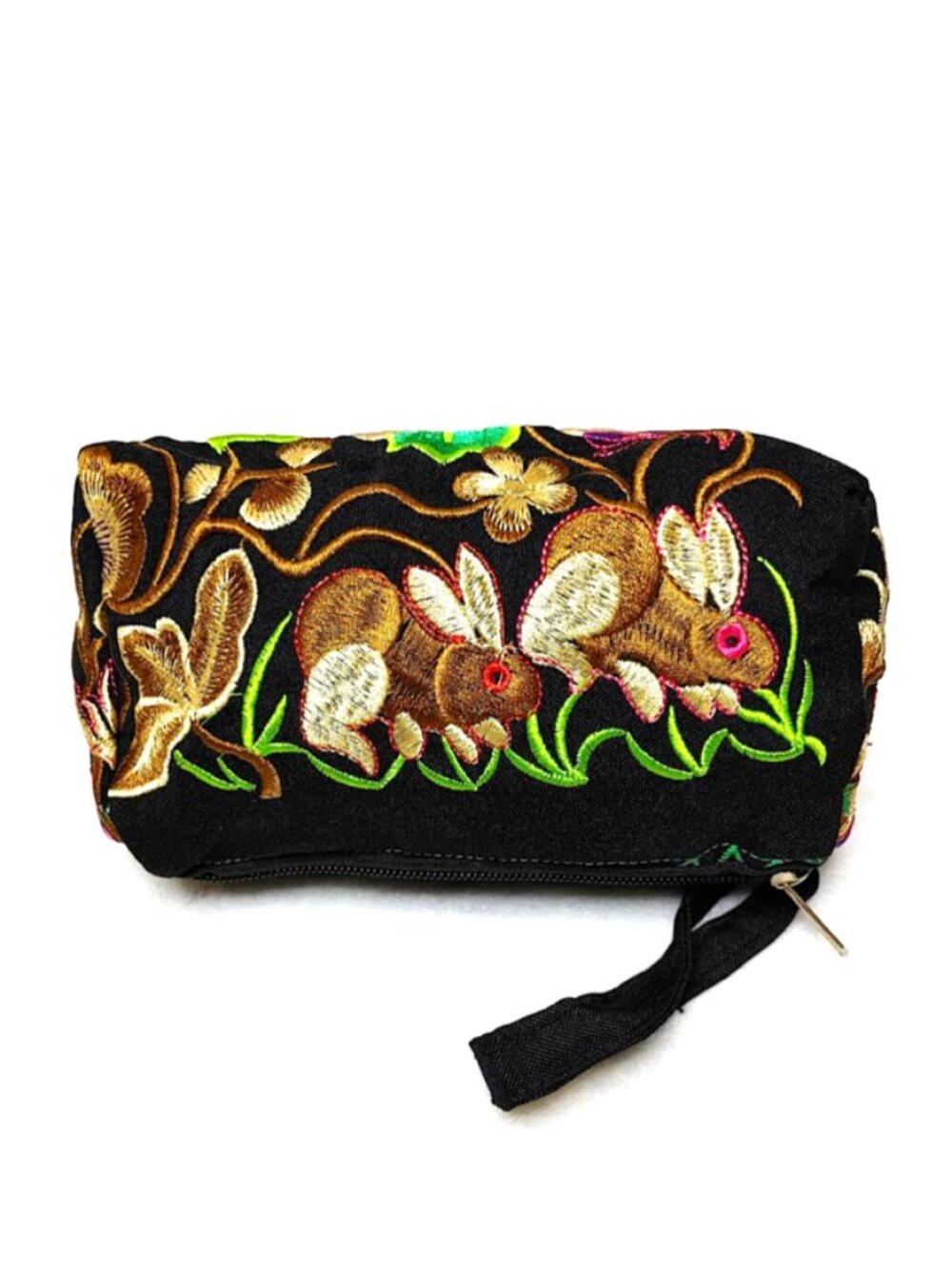 Embroidery Rabbits Floral Fabric Wristlet Pouch Black Brown Red 3-Layer Zippers
